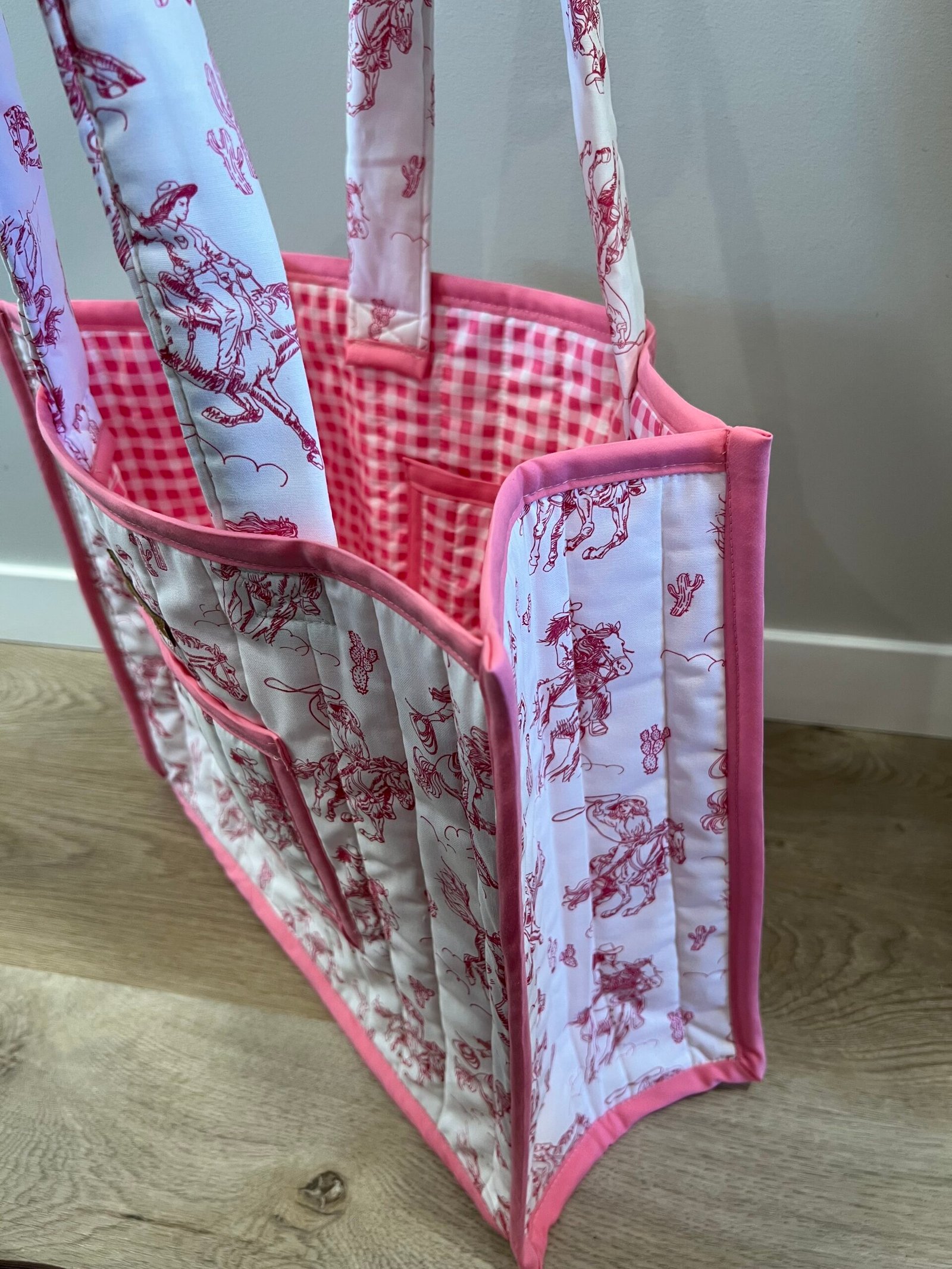Quilted Boxy Everyday Tote in Pink Cowgirl with Solid Pink - Image 3