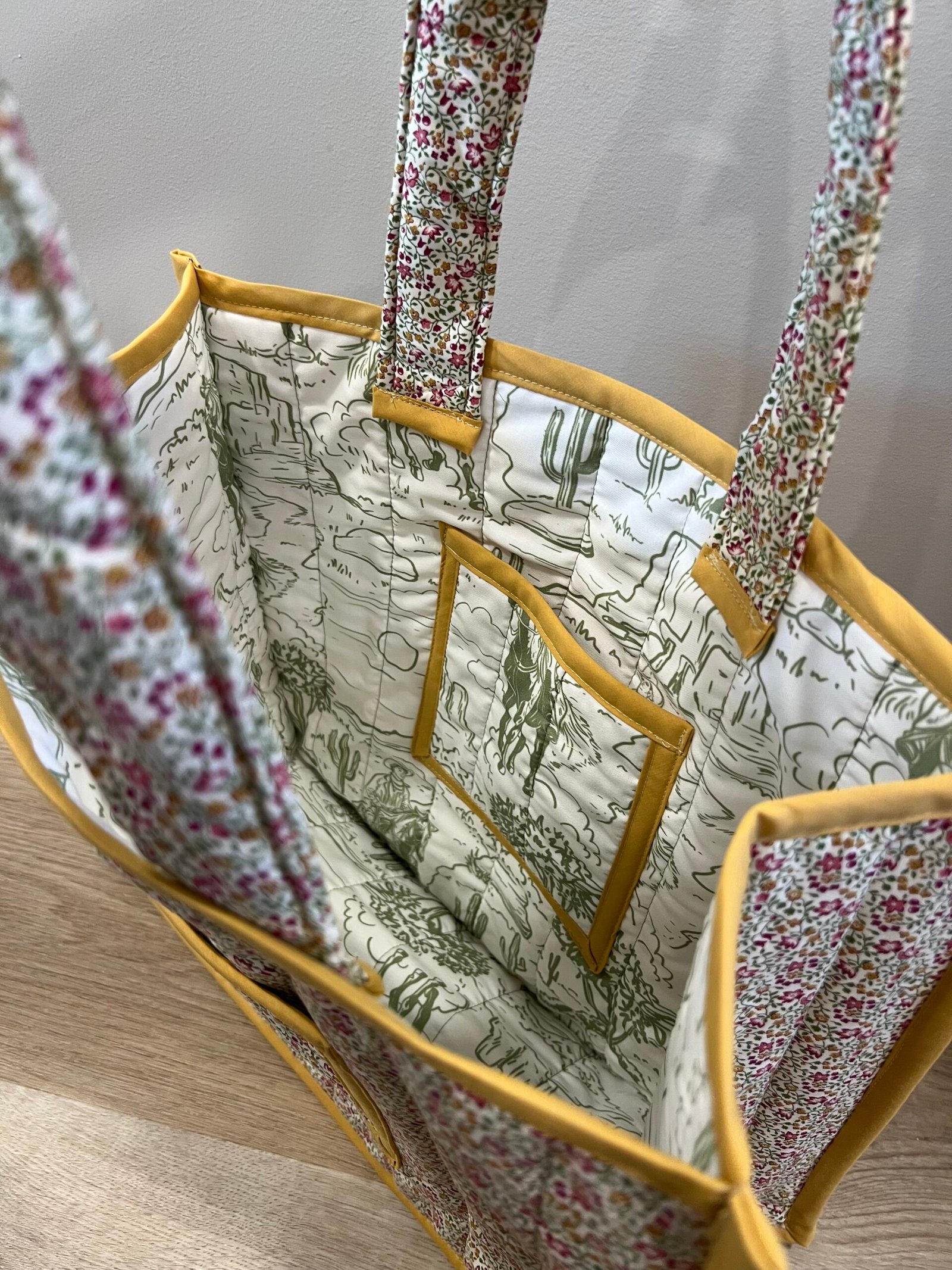 Quilted Boxy Everyday Tote in Dainty Western Floral with Sage Green Cowboy - Image 4