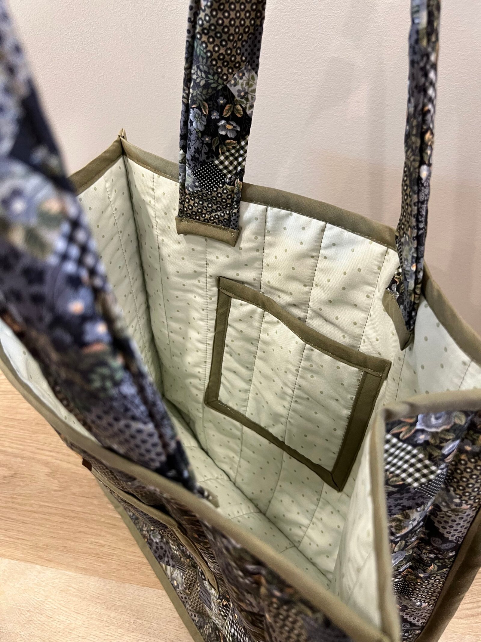 Quilted Boxy Everyday Tote in Navy Patchwork Polka Dot - Image 4